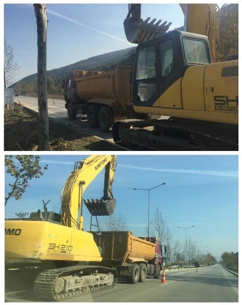 ANKARA YOLU İŞ MAKİNESİ ORTA REFÜJÜ YAPARKEN ASFALTI BOZUYOR