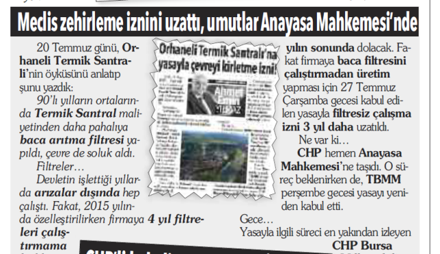 ORHANELİ TERMİK SANTRALI FİLTRESİZ BACA İZNİ KASIM TARİHLİ YAZI KUPÜRÜ