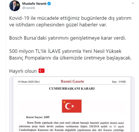 MUSTAFA VARANK PAYLAŞIMI BOSCH YATIRIMI MUSTAFA VARANK PAYLAŞIMI BOSCH YATIRIMI