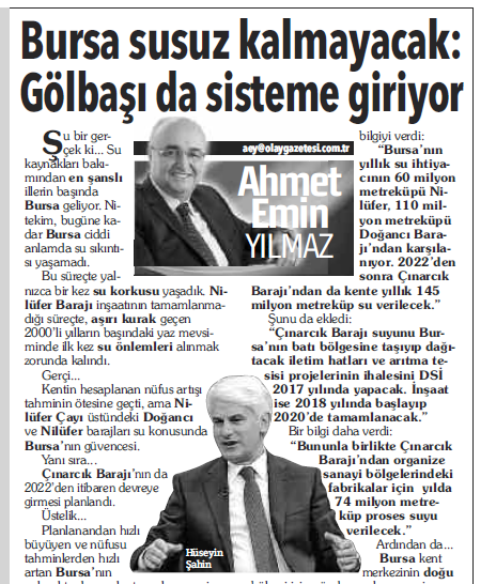 GOLBASI BURSAYA SU PROJESI ARALIK TARIHLI YAZI