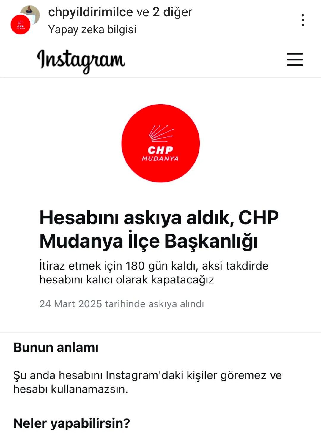 4 CHP MUDANYA iLÇE BAŞKANLIĞI RESMi SAYFASINI INSTAGRAM ASKIYA ALDI